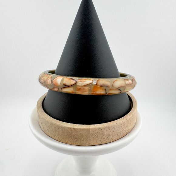 Vintage 1970s Mosaic Shell Inlay Bangle Brass Bracelet Boho Natural Earth Tone - Picture 3 of 10